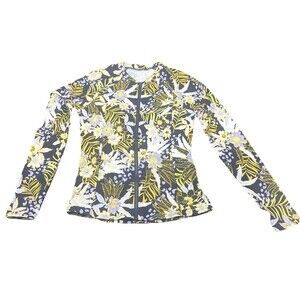 Sunseeker Womens Full Zip Blue Yellow White Long Sleeve Swim Top Sz 4/6 Stretch